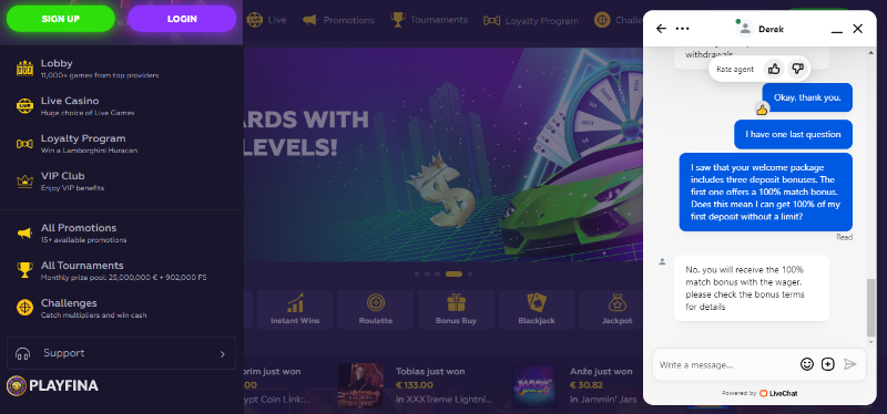 Playfina casino live chat