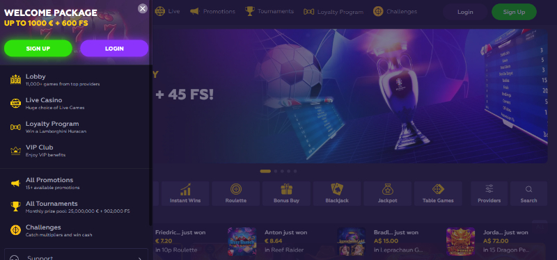 Playfina casino side bar