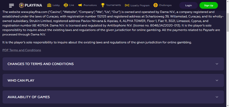 Playfina casino terms