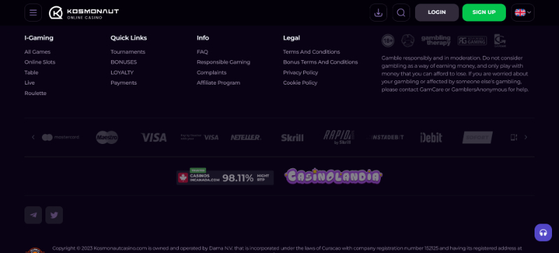 Kosmonaut Casino homepage bottom
