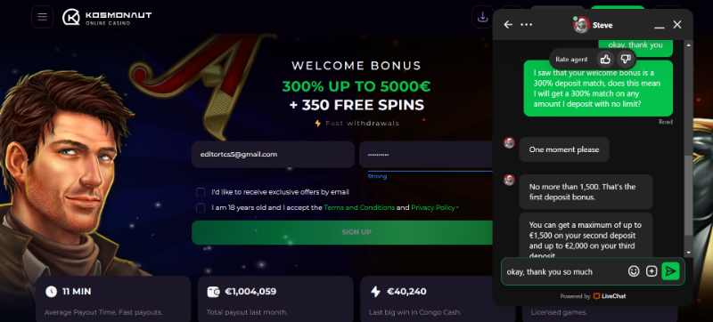 Kosmonaut Casino livechat