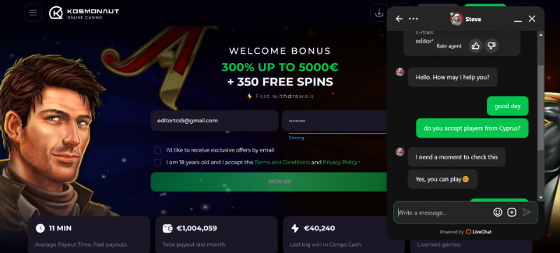 Kosmonaut Casino livechat
