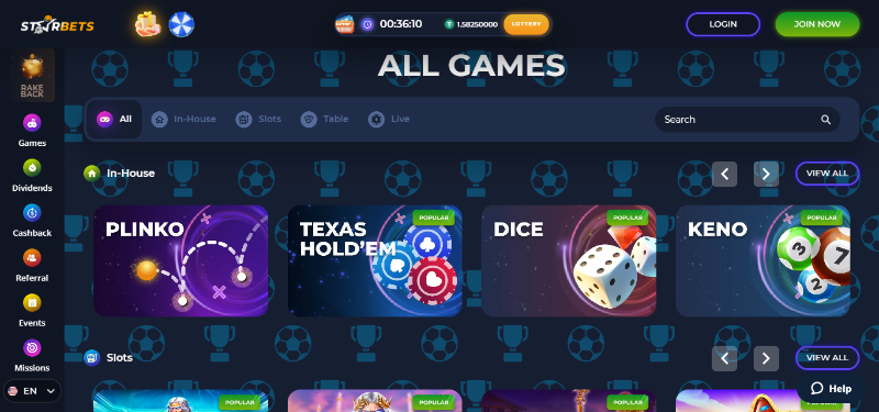 Starbets casino homepage game selection