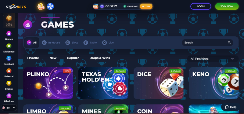 Starbets casino game selection