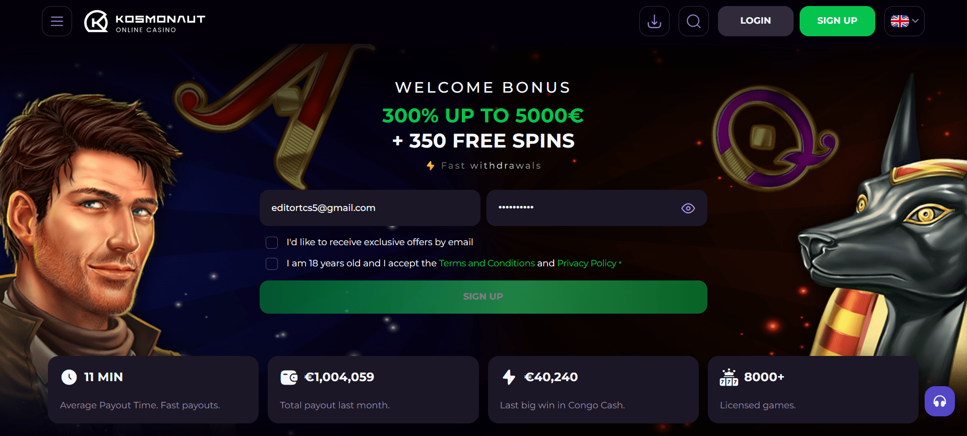 Kosmonaut Casino landing page