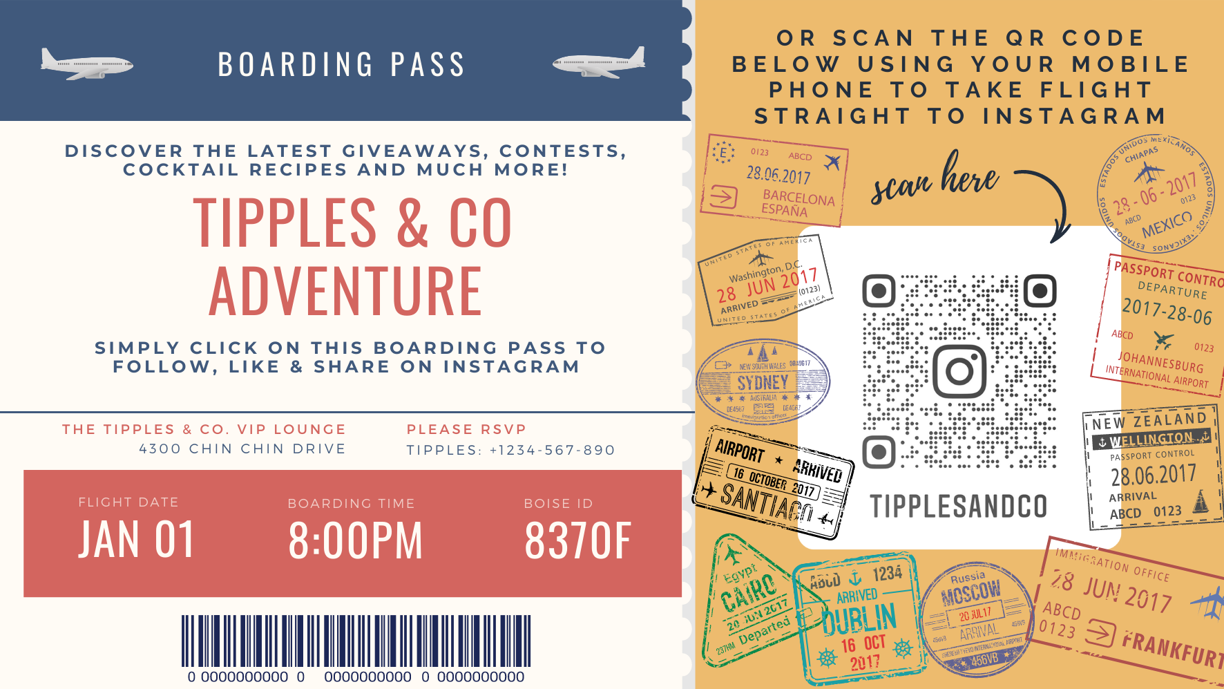 Tipples And Company boarding pass to our Instagram page - Follow, Like and Share to find out our latest giveaways, competitions, cocktail recipes, new drinks launches, new products and services and much more!