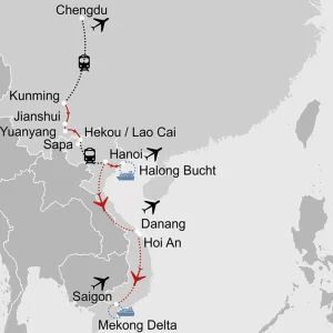 Kaleidoskop Südchina & Vietnam ab Chengdu: _Karte-grenzenlos-suedchina-und-vietnam_copyright: Stepmap, 123map-2013 Daten: OpenStreetMap, Lizenz ODbL 1.0