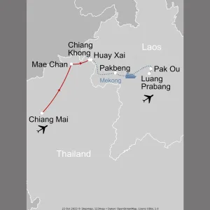 Von Nord-Thailand nach Laos auf dem Mekong ab Chiang Mai: _Karte_grenzenlos-thailand-laos-von-nord-thailand-nach-loas_copyright: Stepmap, 123map-2013 Daten: OpenStreetMap, Lizenz ODbL 1.0
