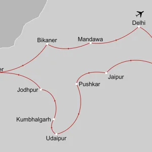 Klassisches Indien ab Delhi: _Karte_indien-klassisches-indien_copyright: Stepmap, 123map-2013 Daten: OpenStreetMap, Lizenz ODbL 1.0