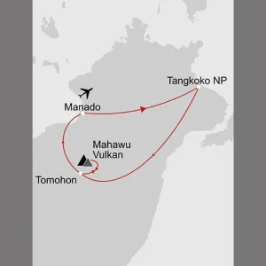 Im Hochland der Minahasa ab Manado: _Karte_indonesien-sulawesi-im-hochland-der-minahasa_copyright: Stepmap, 123map-2013 Daten: OpenStreetMap, Lizenz ODbL 1.0