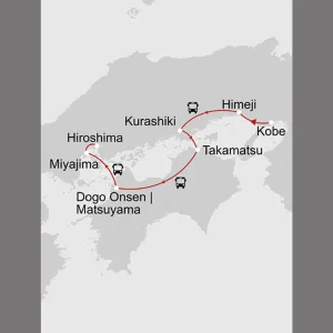 Westjapan entdecken mit dem Luxusbus ab Osaka: _Karte-Japan-westjapan-im-luxusbus_copyright: Stepmap, 123map-2013 Daten: OpenStreetMap, Lizenz ODbL 1.0