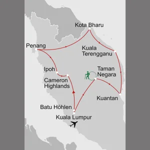 Höhepunkte Malaysias ab Kuala Lumpur: _Karte_malaysia-hoehepunkte-malaysias_copyright: Stepmap, 123map-2013 Daten: OpenStreetMap, Lizenz ODbL 1.0