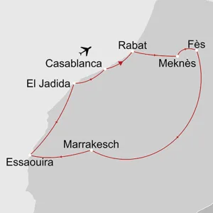 Königsstädte & Küste im Mietwagen ab Casablanca: _Karte_Marokko-koenigsstaedte-und-kueste-im-Mietwagen_copyright: Stepmap, 123map-2013 Daten: OpenStreetMap, Lizenz ODbL 1.0