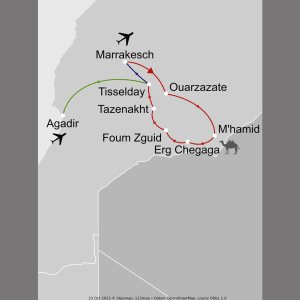 Wüstenzauber II ab Marrakesch: _Karte_Marokko-wuestenzauber-zwei_copyright: Stepmap, 123map-2013 Daten: OpenStreetMap, Lizenz ODbL 1.0