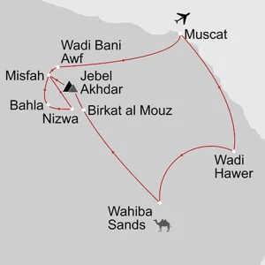 Authentischer Oman ab Muscat: _Karte_oman-authentischer-oman_copyright: Stepmap, 123map-2013 Daten: OpenStreetMap, Lizenz ODbL 1.0