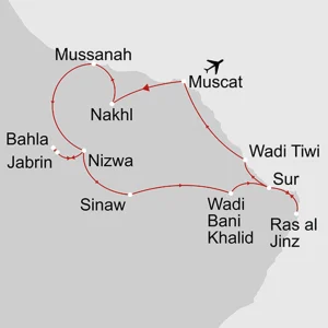 Den Oman 'Erfahren' ab Muscat: _Karte_oman-oman-erfahren_copyright: Stepmap, 123map-2013 Daten: OpenStreetMap, Lizenz ODbL 1.0