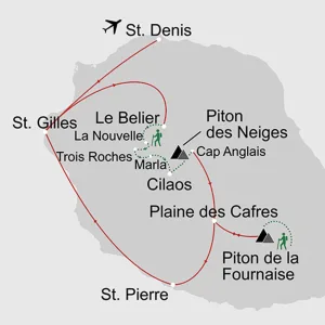 Trekking Tour La Réunion ab Küstenregion: _Karte_reunion-trekking-tour_copyright: Stepmap, 123map-2013 Daten: OpenStreetMap, Lizenz ODbL 1.0