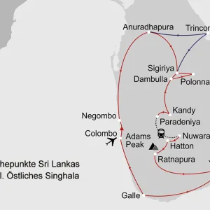Höhepunkte Sri Lankas inkl. Östl. Singhala ab Colombo: _Karte_sri-lanka-hoehepunkte-sri-lankas_copyright: Stepmap, 123map-2013 Daten: OpenStreetMap, Lizenz ODbL 1.0