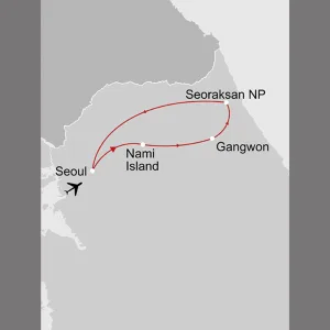 Südkoreas Nationalparks ab Seoul: _Karte_suedkorea-nationalpark-tour_copyright: Stepmap, 123map-2013 Daten: OpenStreetMap, Lizenz ODbL 1.0