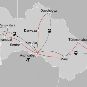 Höhepunkte Turkmenistans ab Aschgabat: _Karte-turkmenistan-hoehepunkte-turkmenistan_copyright: Stepmap, 123map-2013 Daten: OpenStreetMap, Lizenz ODbL 1.0