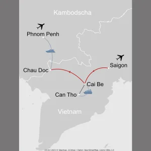 Durchs Delta mit Mekong Eyes ab Saigon: _Karte_vietnam-kambodscha-durchs-delta-mit-mekong-eyes_copyright: Stepmap, 123map-2013 Daten: OpenStreetMap, Lizenz ODbL 1.0