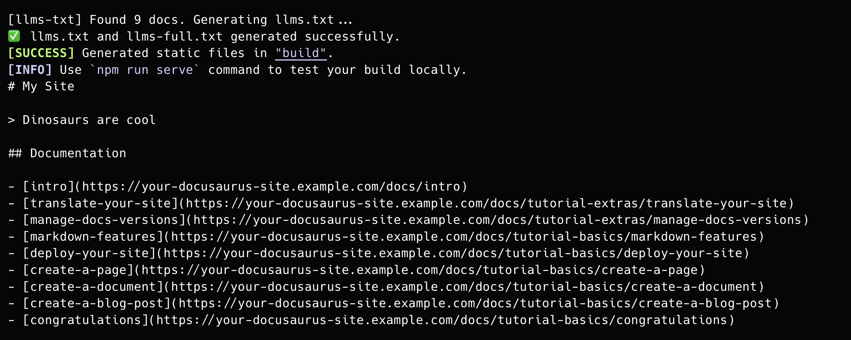 Terminal output showing llms.txt and llms-full.txt generated successfully.