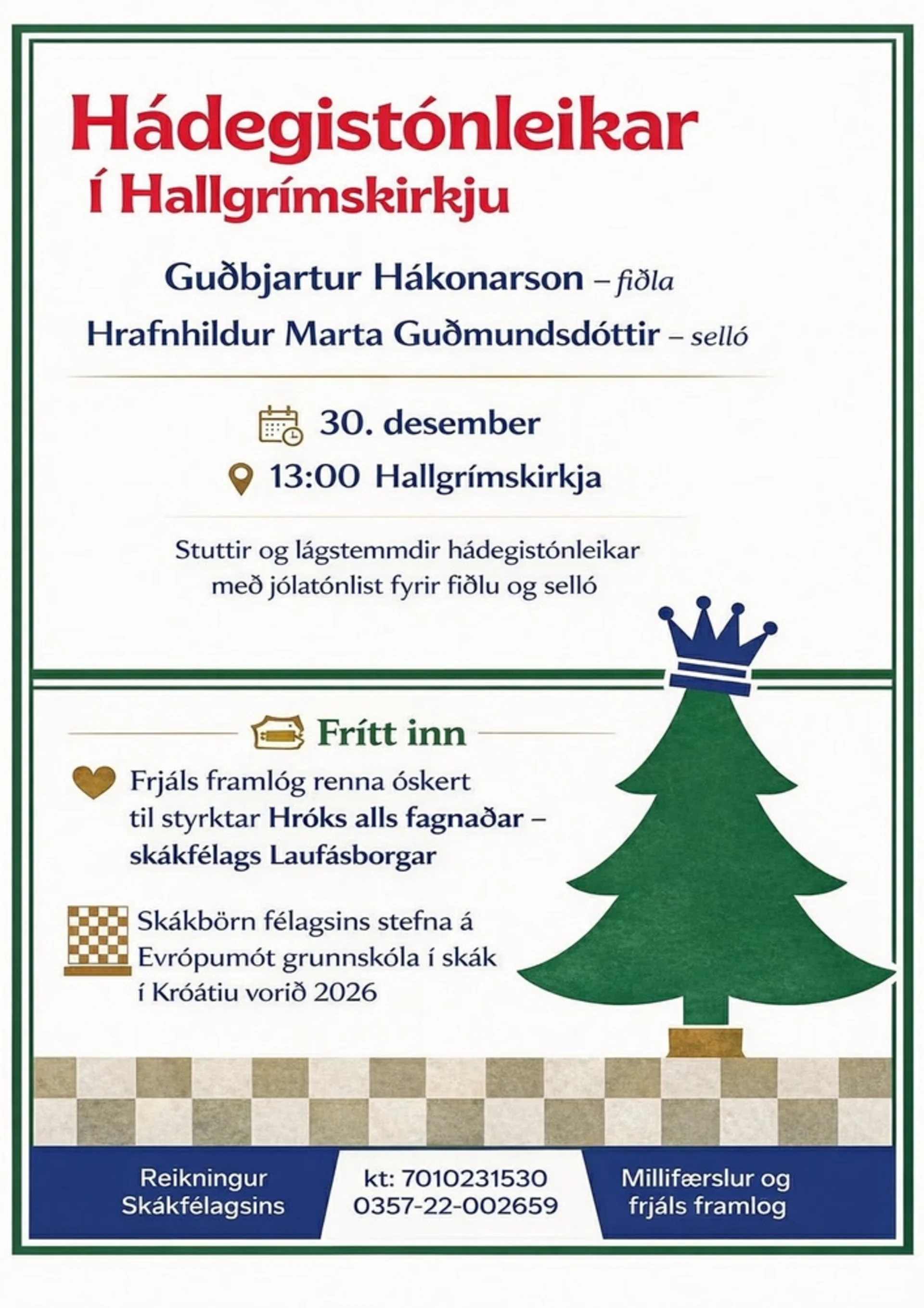 Hugljúfir jólatónleikar með strengjadúett til styrktar Skákbörnum Laufásborgar