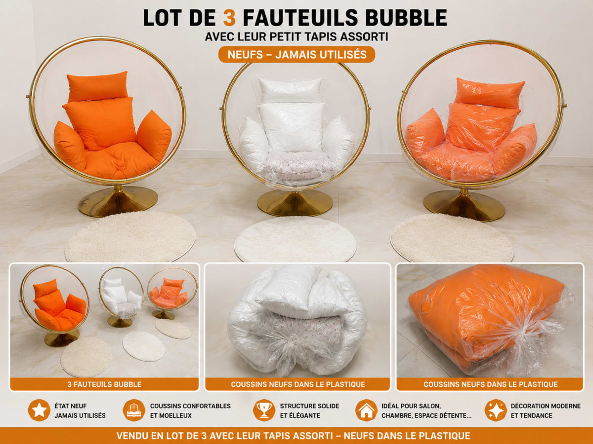 Lot de 3 fauteuils Bubble neufs avec tapis assortis