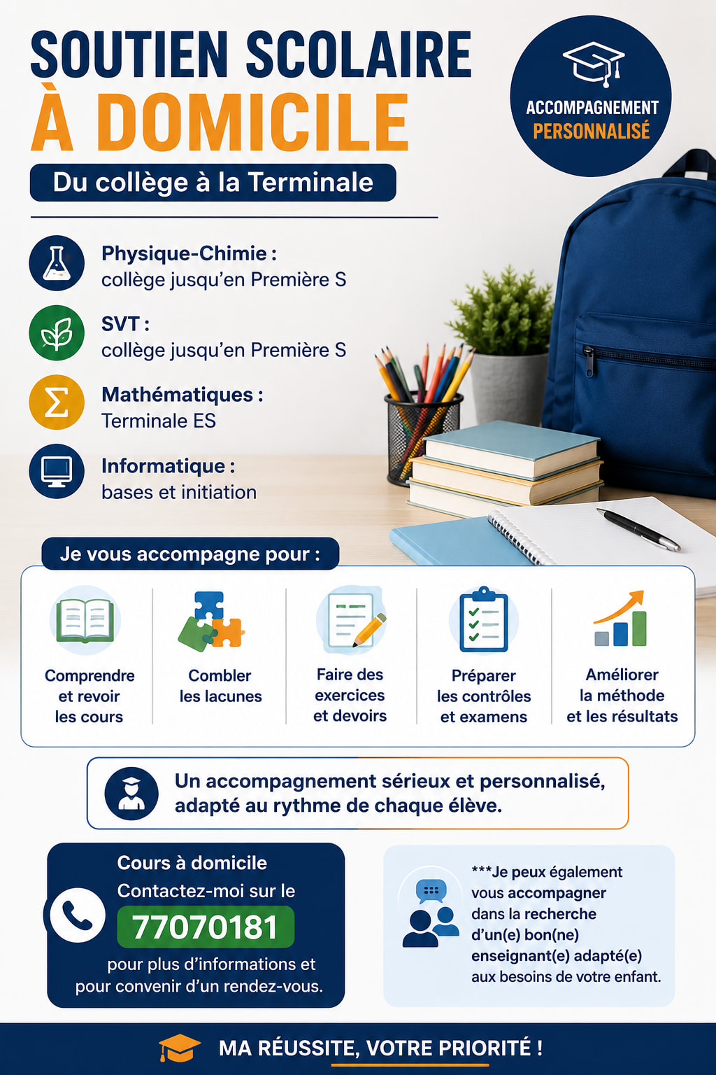 Cours de soutien scolaire à domicile, collège à Terminale