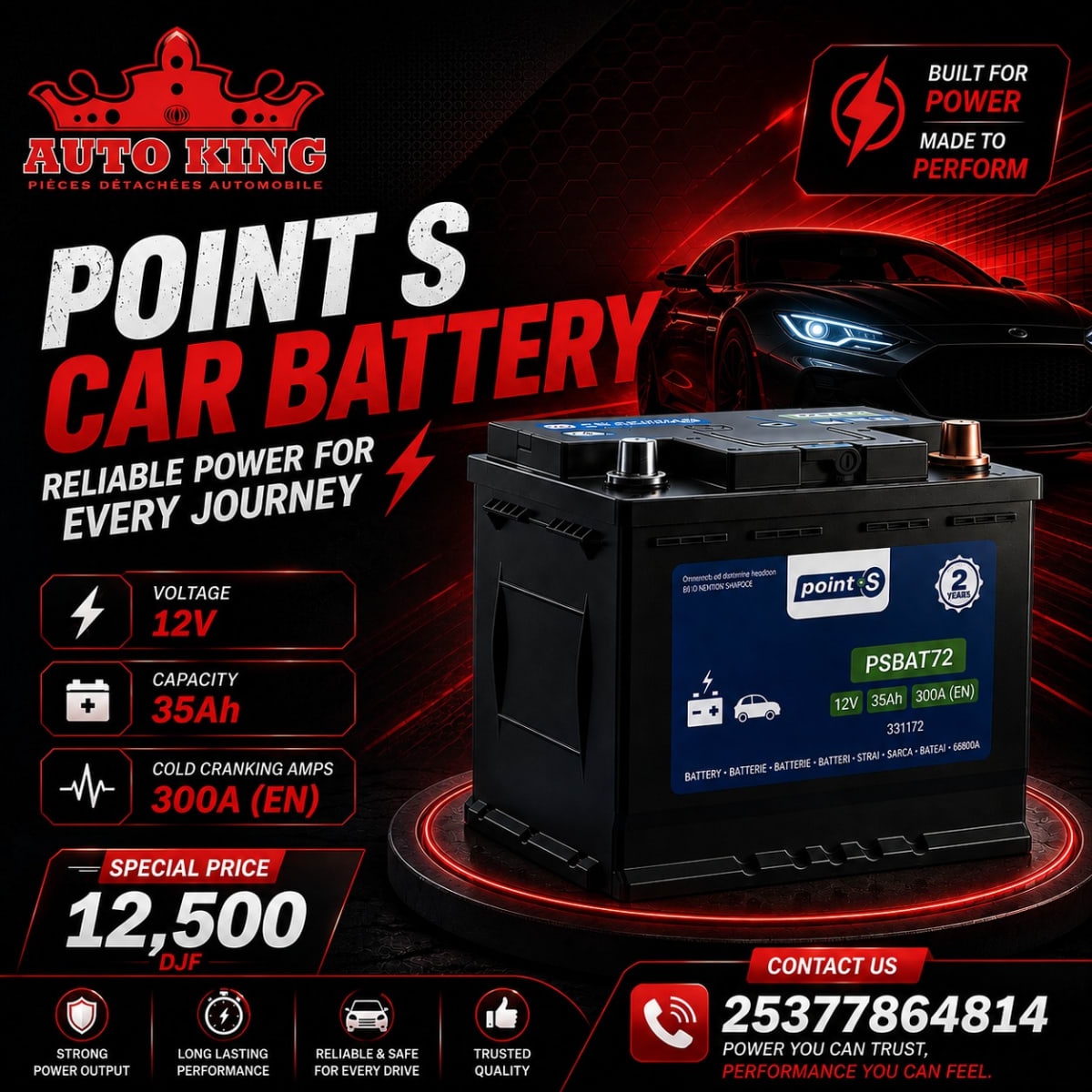 Batterie Point S 12V 35Ah pour voiture, neuve