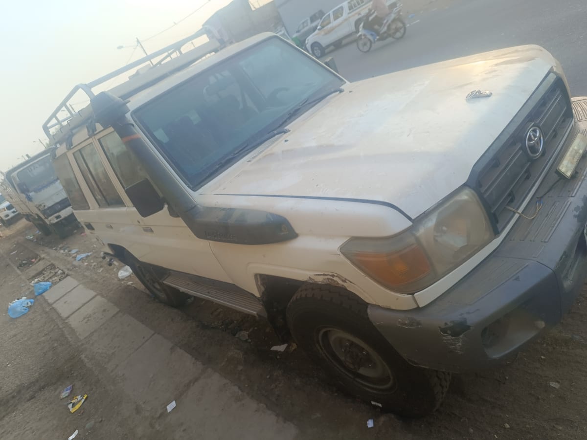 Toyota Land Cruiser blanc, robuste 4x4 avec galerie de toit