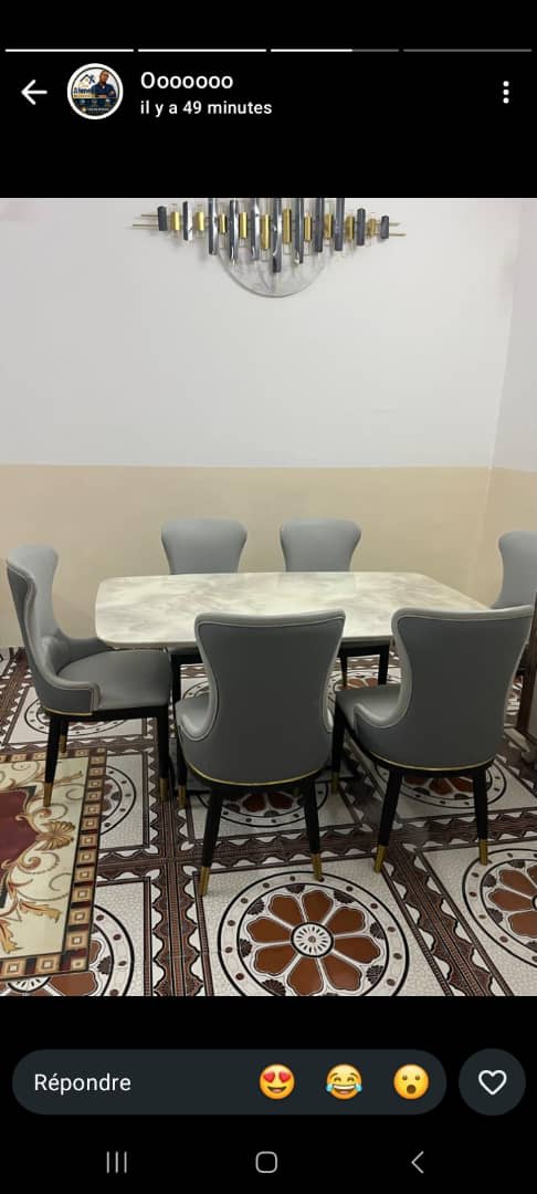Élégante table à manger marbre avec 6 chaises grises