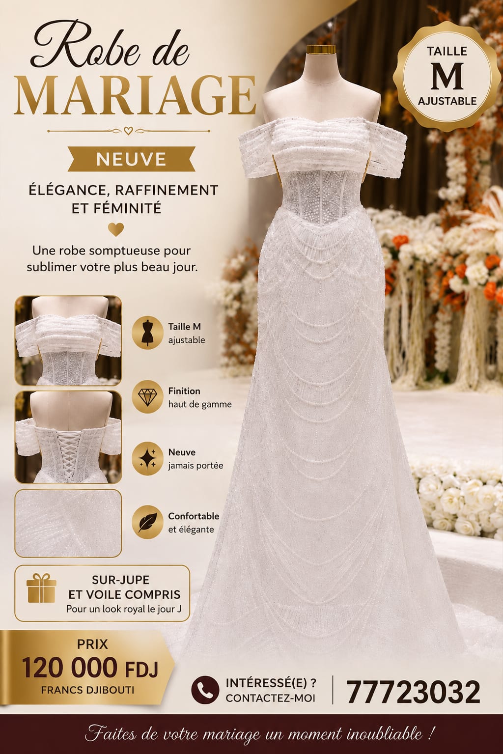 Robe de mariage neuve, taille M ajustable, finition haut de gamme
