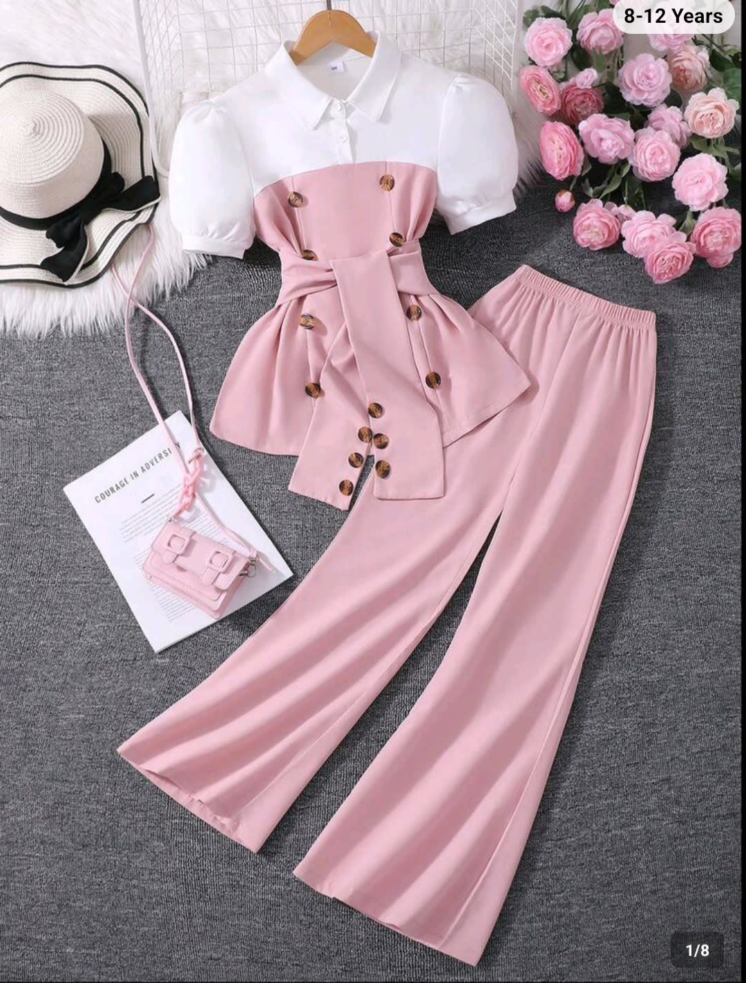 Ensemble fille rose et blanc, chic et élégant, 8-12 ans