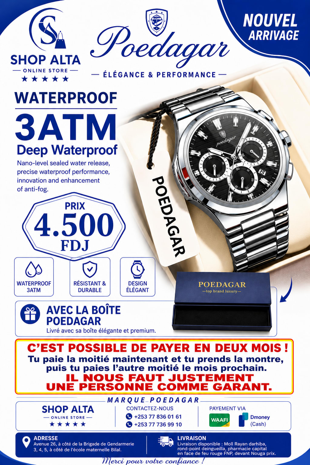 Montre Poedagar chronographe waterproof 3ATM neuve