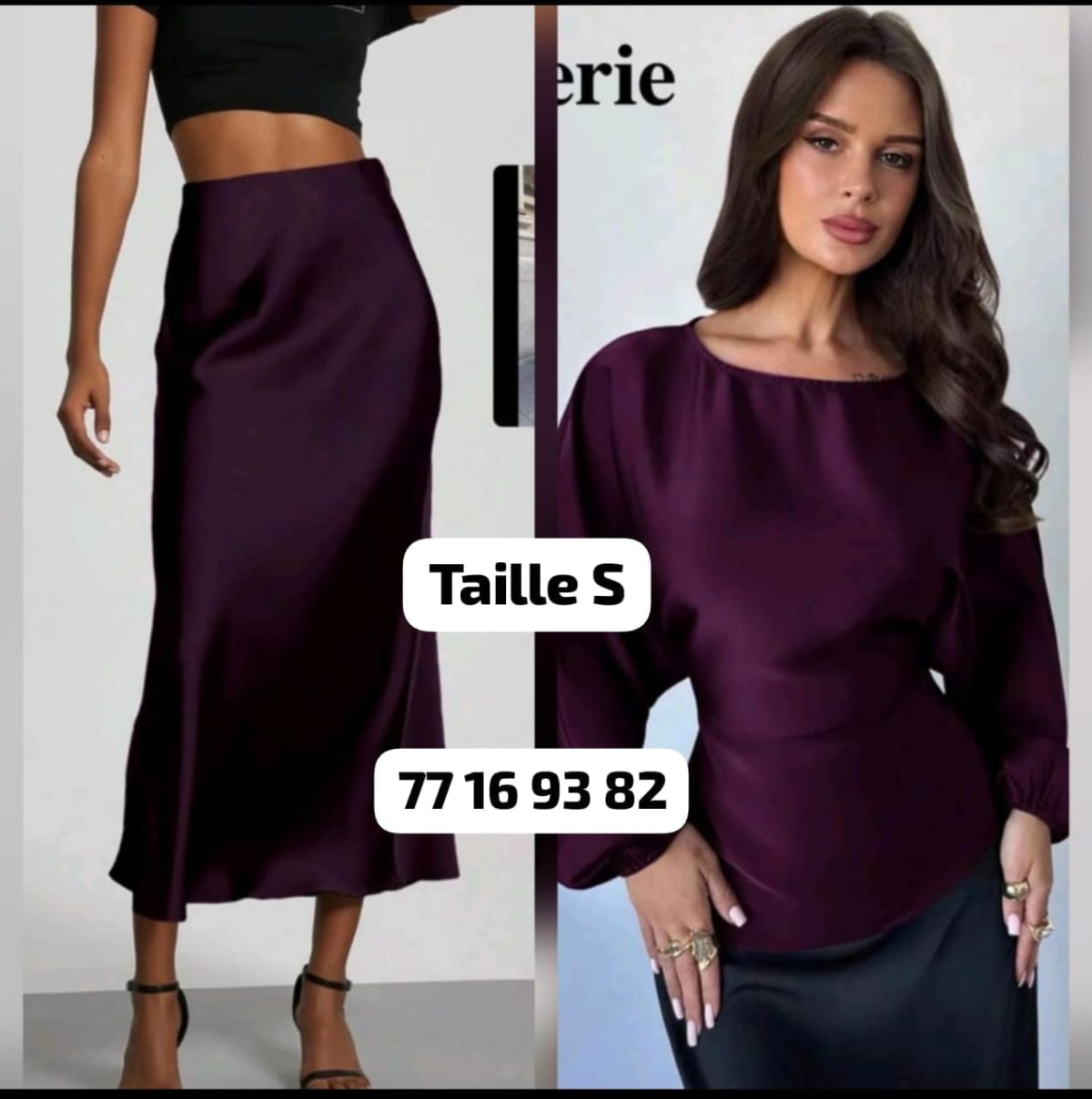 Ensemble jupe et blouse satinées prune, taille S