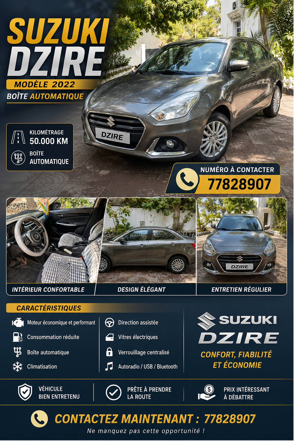 Suzuki Dzire 2022, automatique, 50 000 km, très bon état