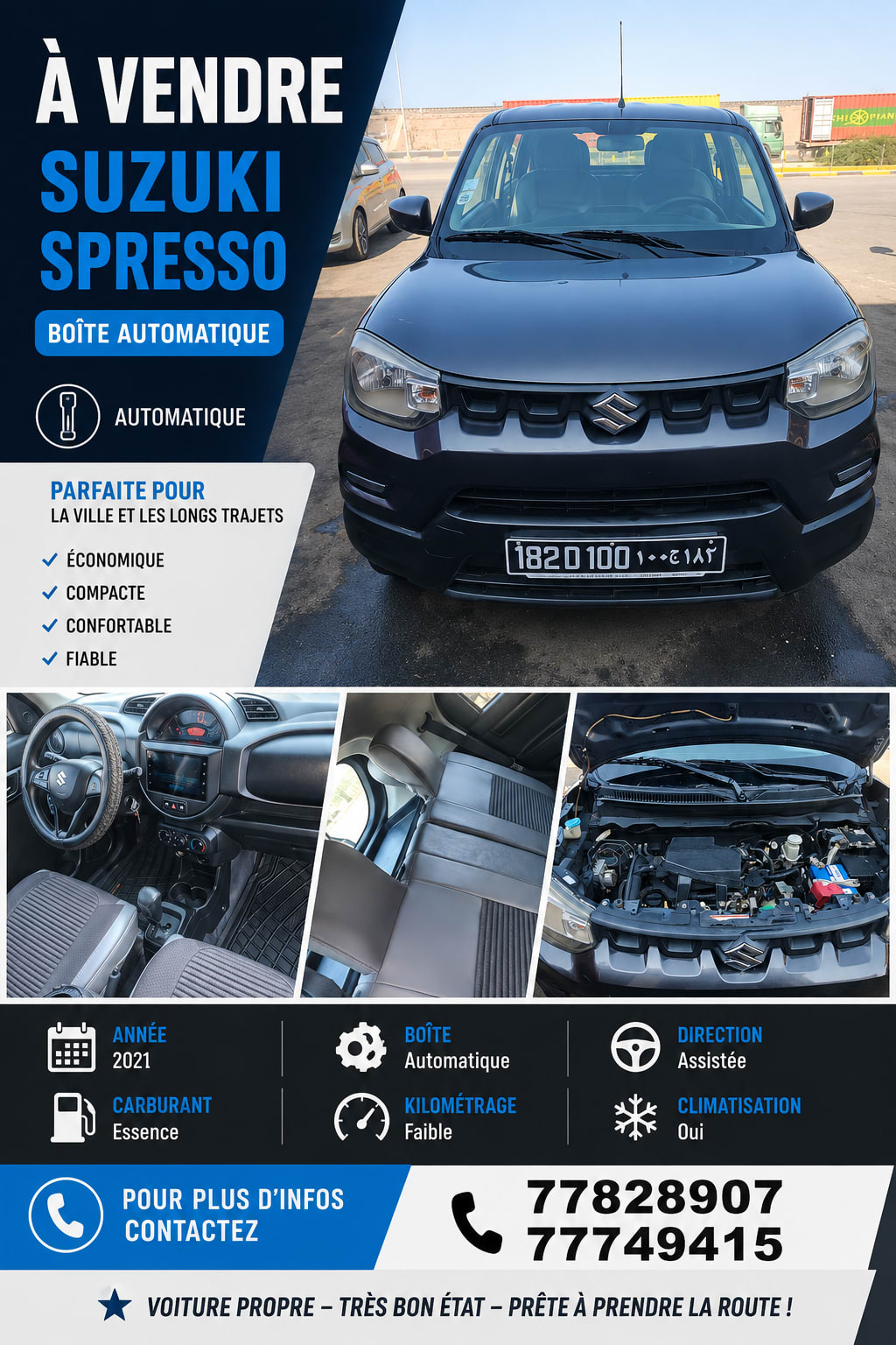 À vendre Suzuki S-Presso, année 2021, équipée d’une boîte automatique et fonctionnant à l’essence.