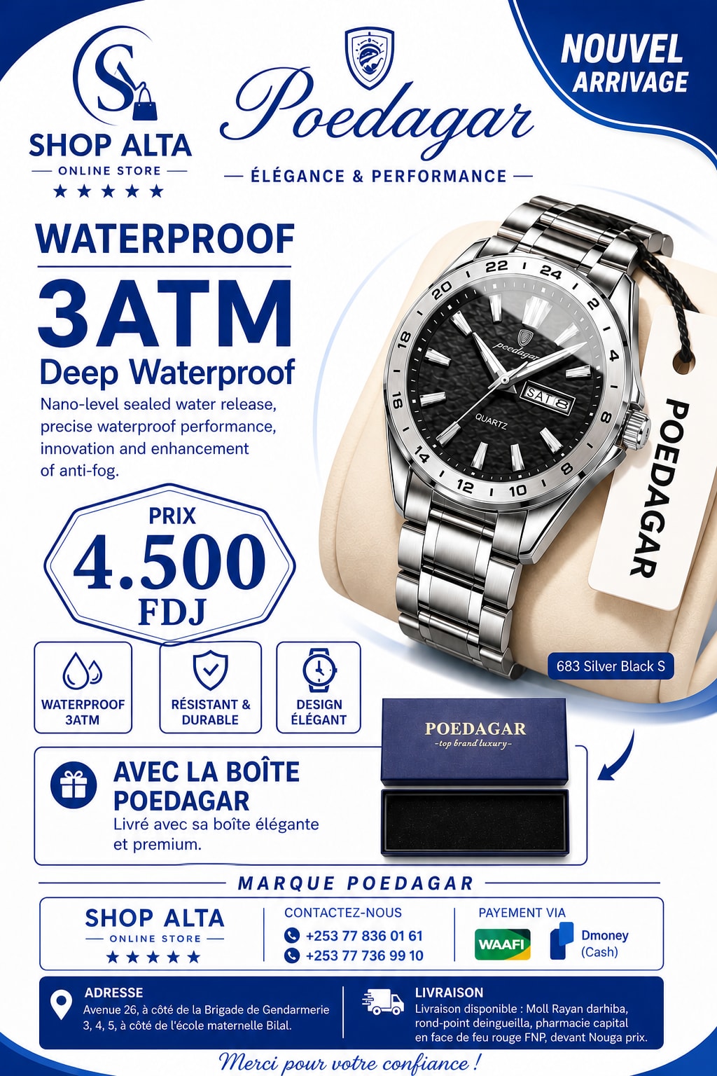 Montre Poedagar homme, étanche 3ATM, acier inoxydable