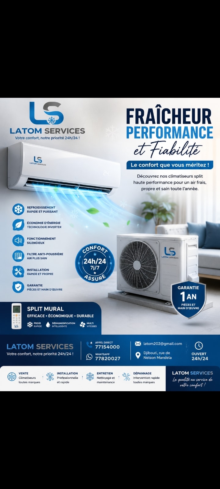 Climatiseur split LS Latom Services + entretien offert 1 an