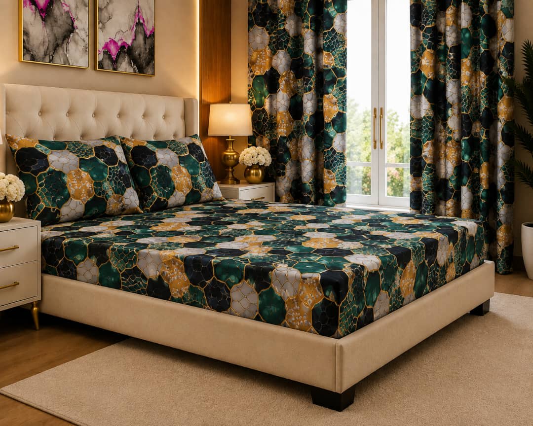 Parure de lit assortie rideaux, motif mosaïque vert émeraude et doré