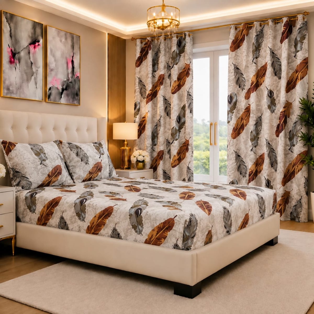 Parure de lit assortie rideaux, motif mosaïque vert émeraude et doré