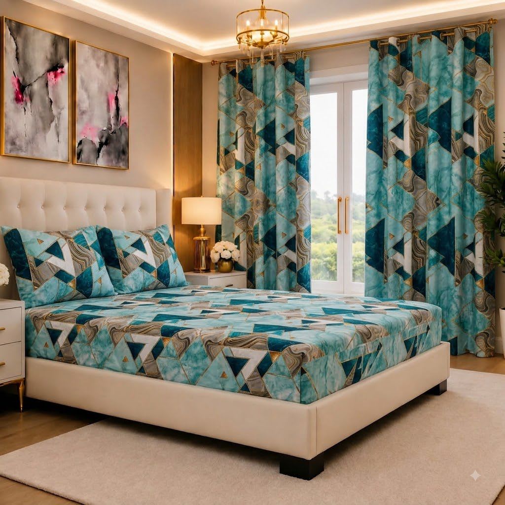 Parure de lit assortie rideaux, motif mosaïque vert émeraude et doré