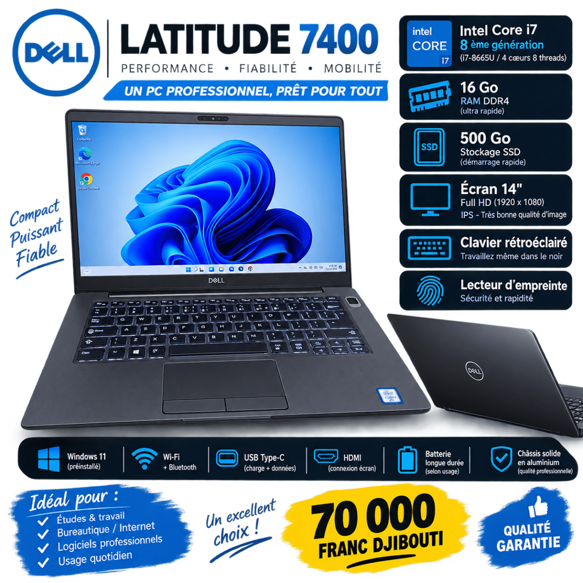 Dell Latitude 7400 - Core i7, 16Go RAM, SSD 500Go