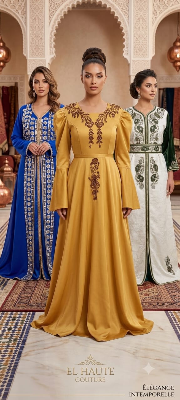 Caftans de luxe brodés - bleu, jaune moutarde et blanc