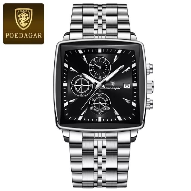Montre Poedagar homme, cadran carré chronographe étanche