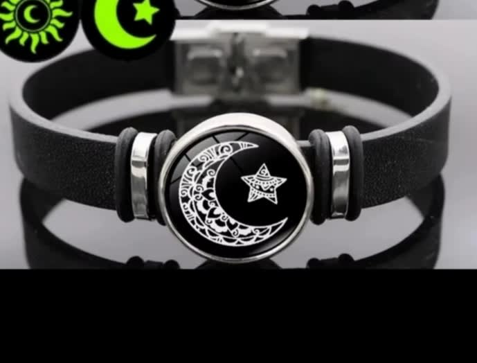 Bracelet homme lune et étoile, cuir noir