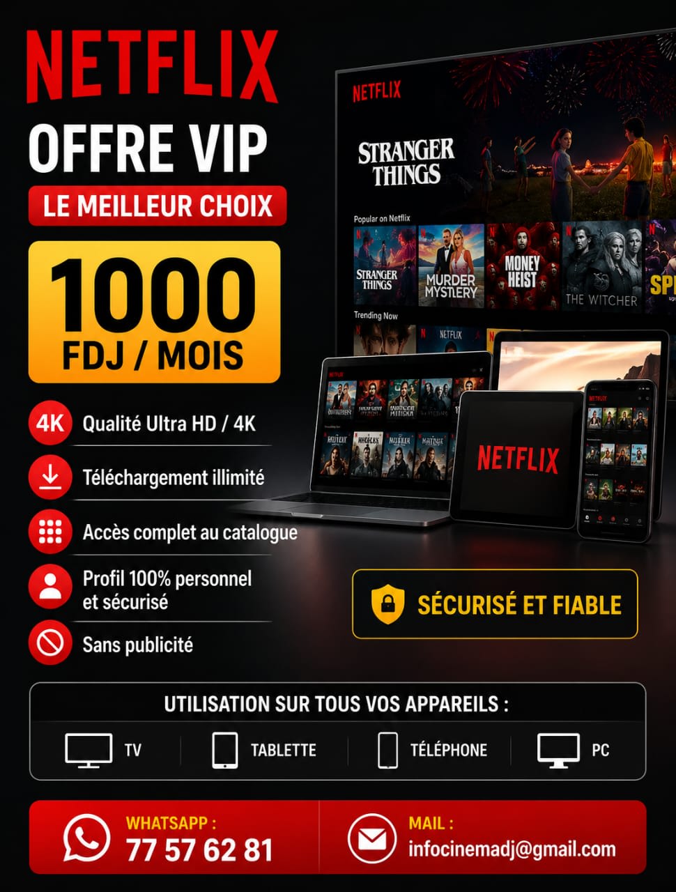 Abonnement Netflix VIP 4K à petit prix - 1000 FDJ/mois