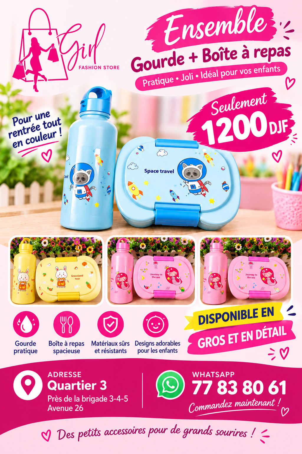 Ensemble gourde + boîte à repas pour enfants