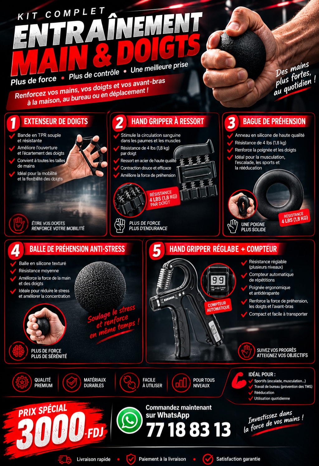Kit complet 5 en 1 pour renforcer mains et doigts
